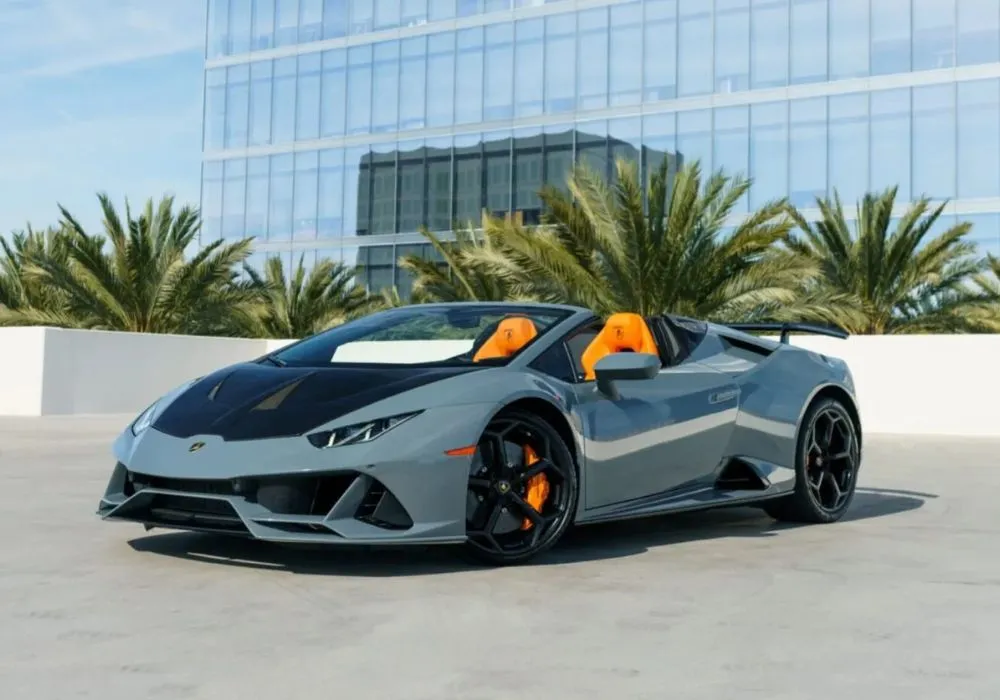 Grey Lamborghini Huracan Evo Spyder rental | Cache Luxe