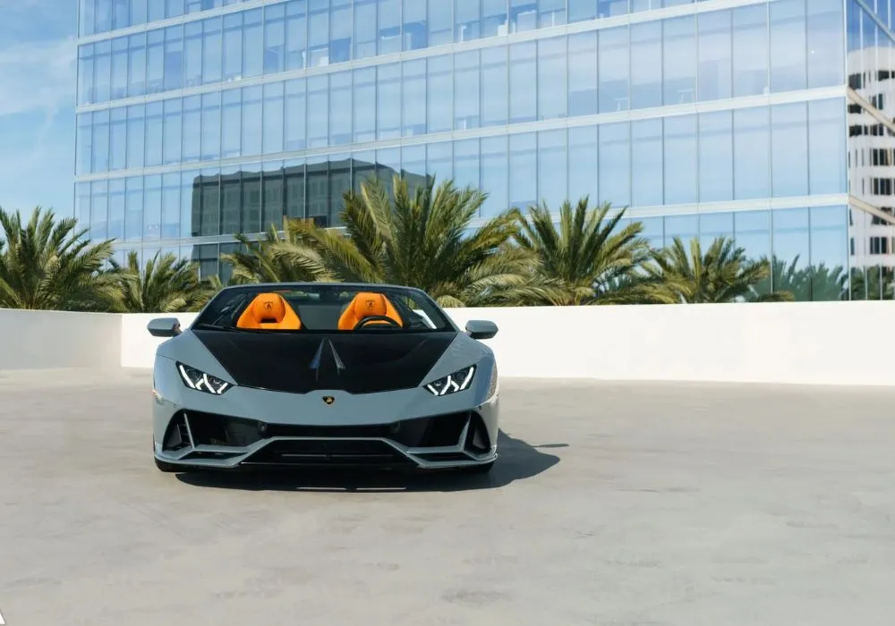 Grey Lamborghini Huracan Evo Spyder rental | Cache Luxe