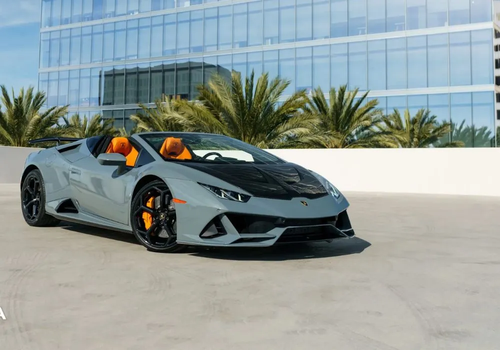 Grey Lamborghini Huracan Evo Spyder rental | Cache Luxe