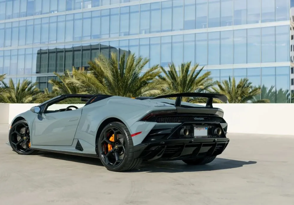 Grey Lamborghini Huracan Evo Spyder rental | Cache Luxe