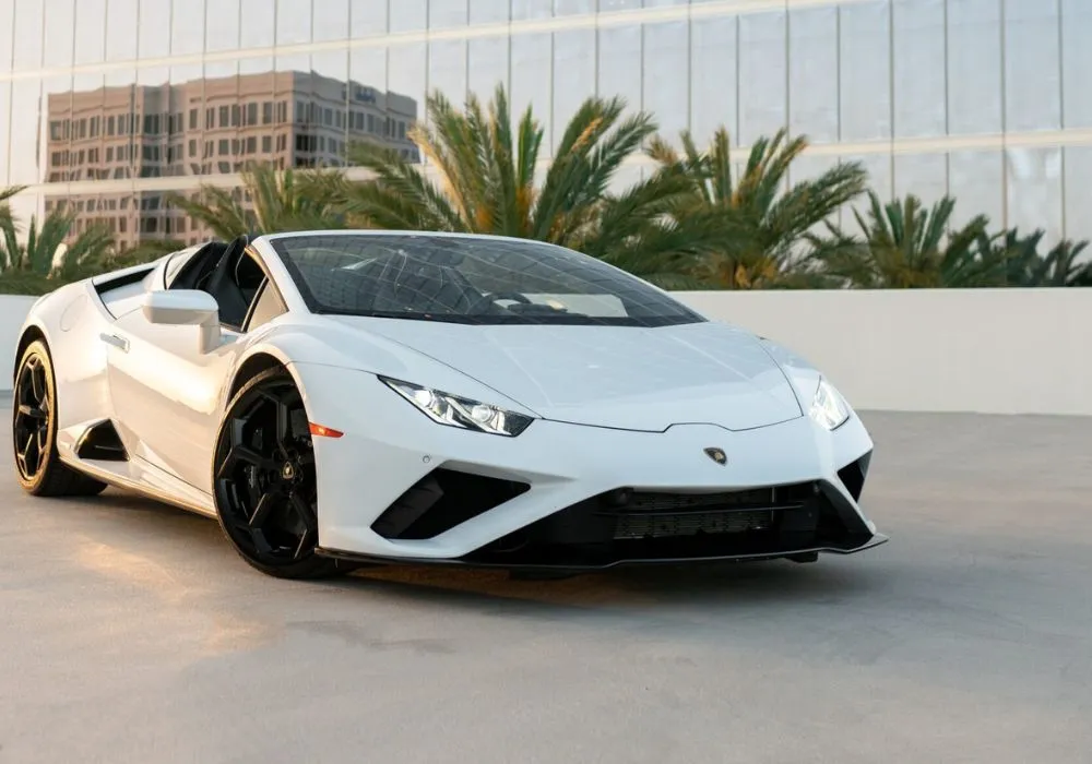 White Lamborghini Huracan Evo Spyder rental | Cache Luxe